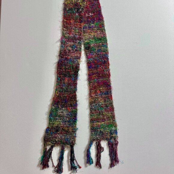 Recycled Silk Colorful Hand-Knit Furry Long Scarf - Picture 3 of 8